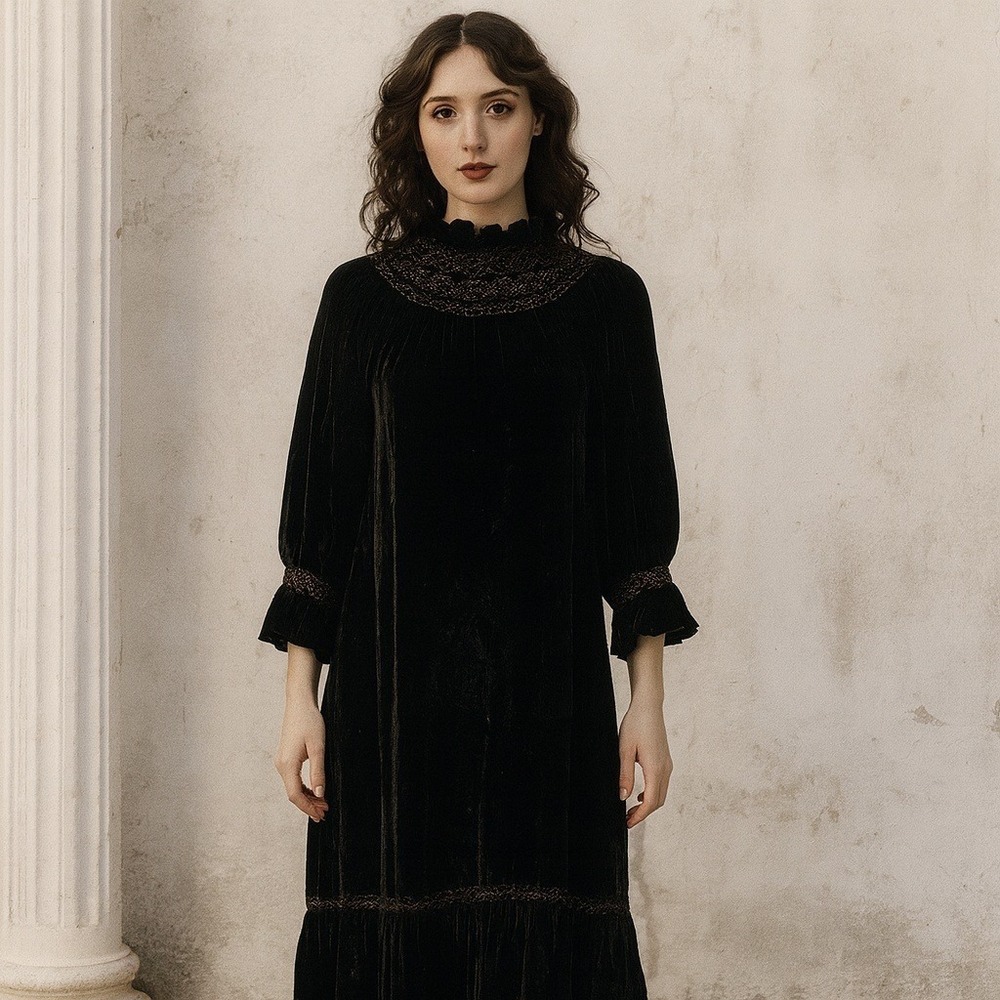 DÔEN‎ Viviana XS Black Velvet Maxi Dress Silk Blend Smocked Prairie Gothic Vampy